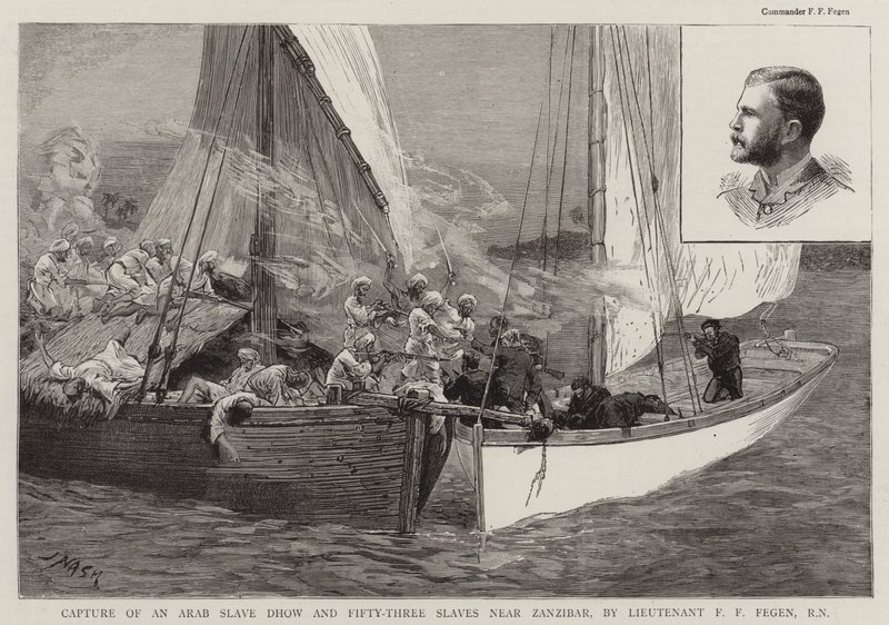 Cattura di un dhow di schiavi arabi e cinquantatré schiavi vicino a Zanzibar, dal tenente F F Fegen, RN da Joseph Nash