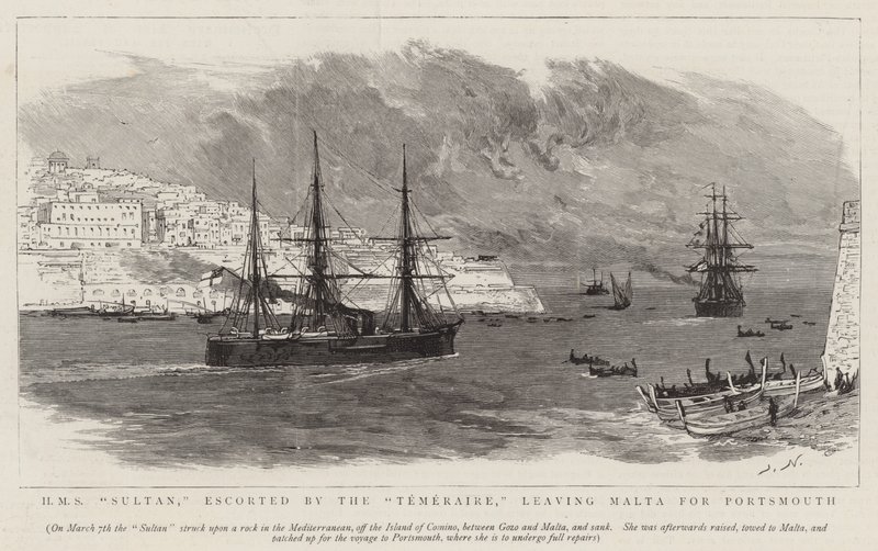 HMS Sultan, scortata dalla Temeraire, lascia Malta per Portsmouth da Joseph Nash