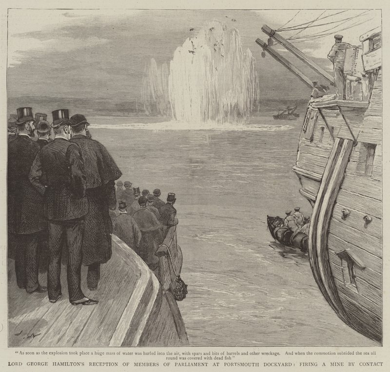 La ricezione di Lord George Hamilton dei membri del Parlamento al cantiere navale di Portsmouth, sparando una mina per contatto da Joseph Nash