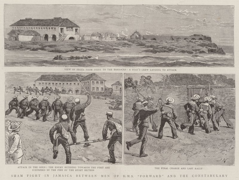 Combattimento simulato in Giamaica tra uomini della HMS Forward e la polizia da Joseph Nash