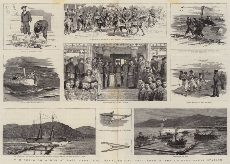 La squadra cinese a Port Hamilton, Corea, e a Port Arthur, la stazione navale cinese da Joseph Nash