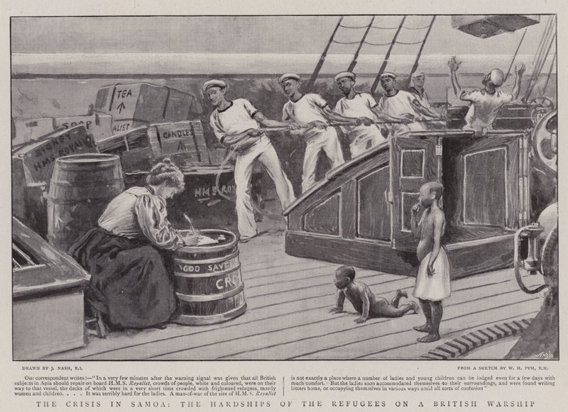 La crisi a Samoa, le difficoltà dei rifugiati su una nave da guerra britannica da Joseph Nash