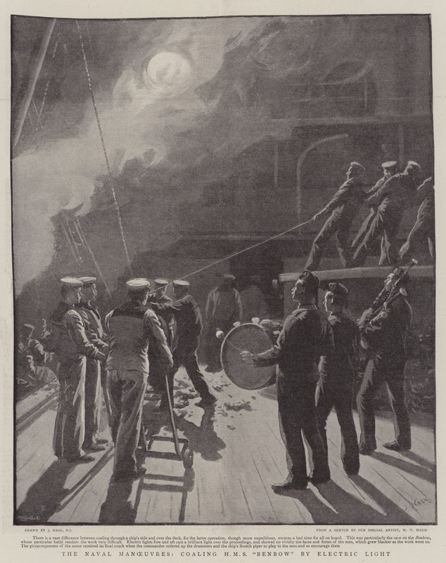 Le manovre navali, rifornimento di carbone alla HMS Benbow con luce elettrica da Joseph Nash