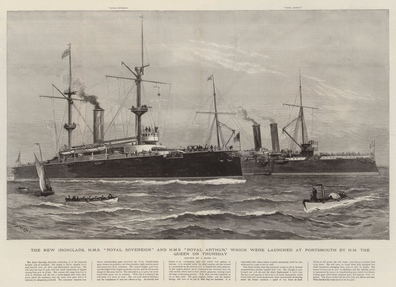 I nuovi corazzati, HMS Royal Sovereign e HMS Royal Arthur che sono stati varati a Portsmouth da Sua Maestà la Regina giovedì da Joseph Nash