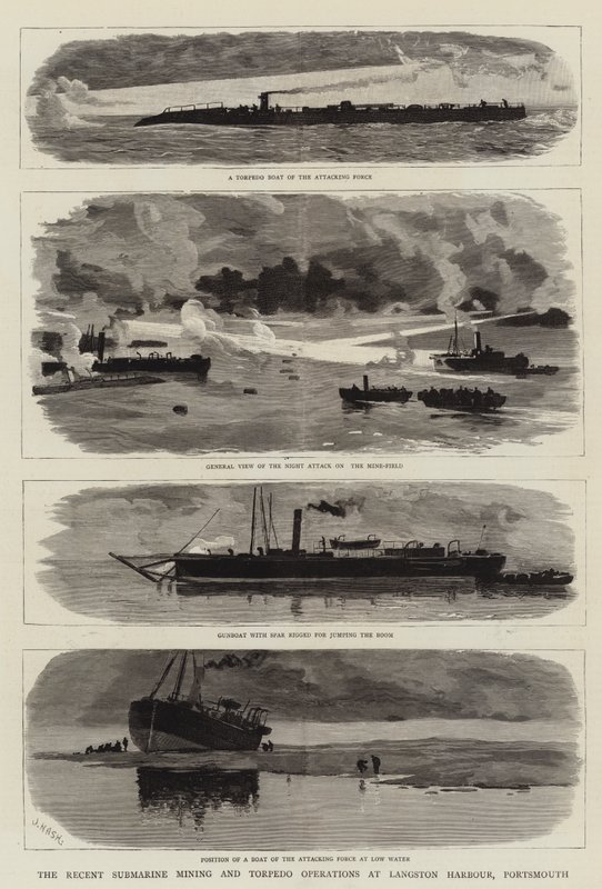 Le recenti operazioni di minamento sottomarino e torpedini a Langston Harbour, Portsmouth da Joseph Nash