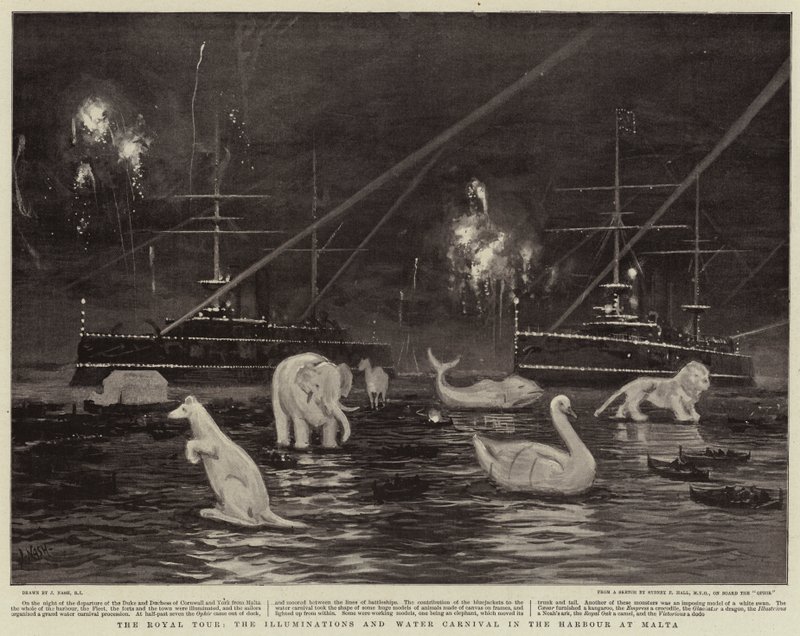 Il tour reale, le illuminazioni e il carnevale acquatico nel porto di Malta da Joseph Nash
