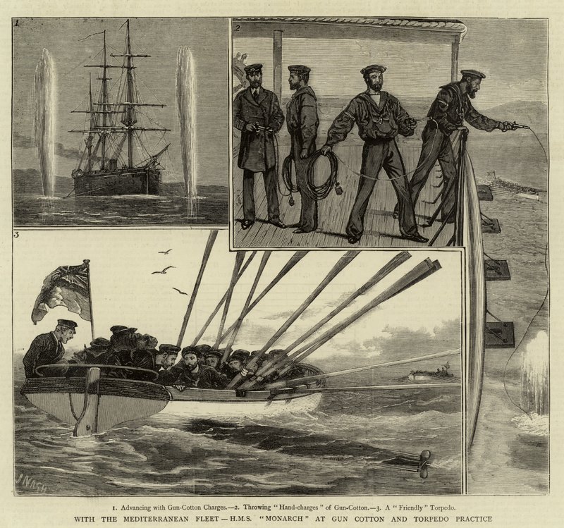 Con la flotta del Mediterraneo, H M S Monarch in esercitazione con cotone da sparo e siluri da Joseph Nash