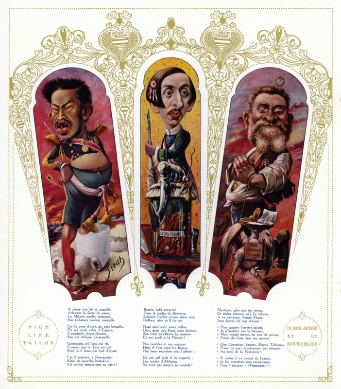 Caricature: Imperatore Meiji del Giappone; Maurice Barres, scrittore e politico nazionalista francese; Jean Jaures, politico francese da Joseph Sirat