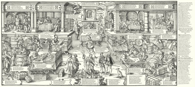 Vita dei mercanti e commercianti tedeschi nel XVI secolo (incisione) da Jost (after) Amman