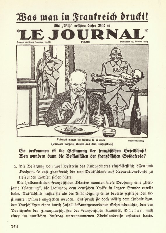 Propaganda tedesca che raffigura la prima pagina di un giornale francese con una vignetta che mostra il Primo Ministro Raymond Poincare che mangia i bambini della Ruhr durante l