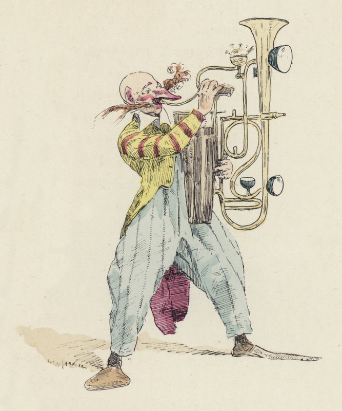 Clown che suona uno strumento musicale insolito da Jules Arsene (after) Garnier