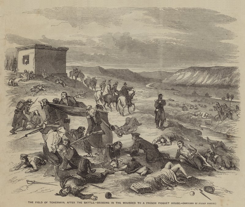 Il Campo di Tchernaya, dopo la Battaglia, portando i Feriti a una Casa di Picchetto Francese da Julian Portch