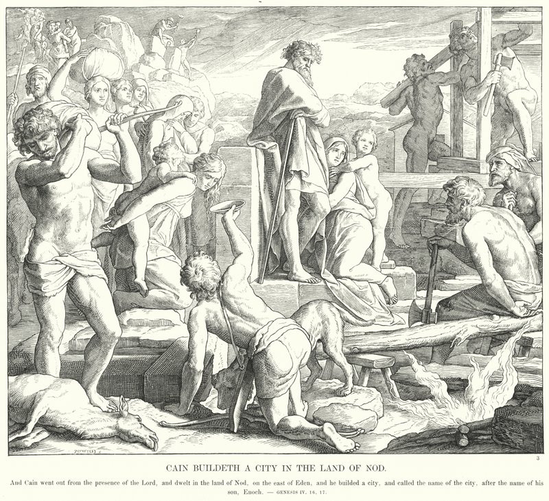 Caino costruisce una città nella terra di Nod da Julius (after) Schnorr von Carolsfeld