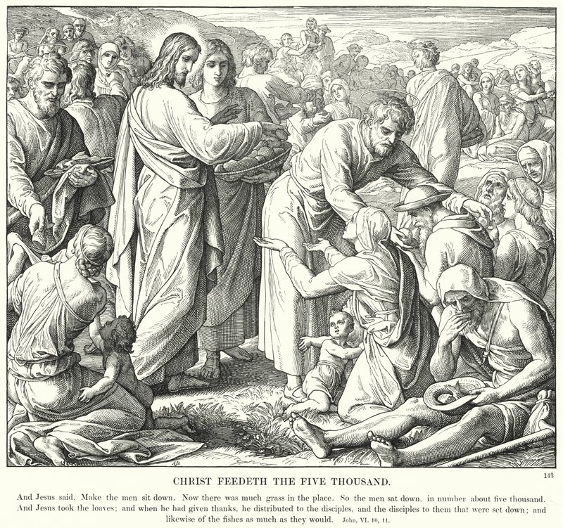 Cristo sfama i cinquemila (incisione) da Julius (after) Schnorr von Carolsfeld