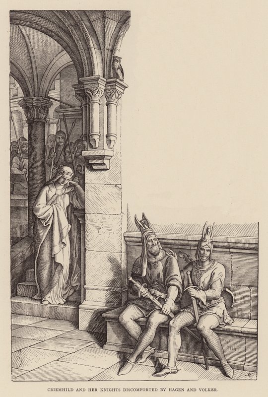 Criemhild e i suoi cavalieri sconfitti da Hagen e Volker da Julius (after) Schnorr von Carolsfeld