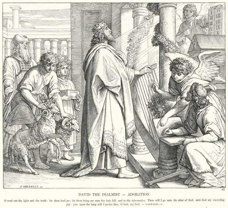Davide il salmista, adorazione (incisione) da Julius (after) Schnorr von Carolsfeld