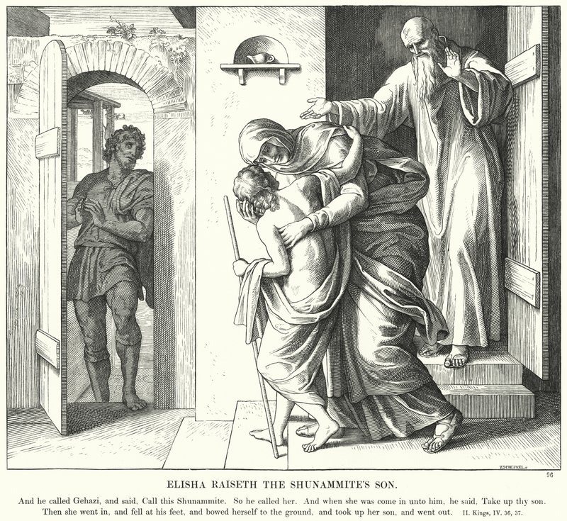 Eliseo risuscita il figlio della Sunamita (incisione) da Julius (after) Schnorr von Carolsfeld