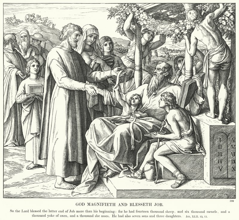 Dio magnifica e benedice Giobbe (incisione) da Julius (after) Schnorr von Carolsfeld