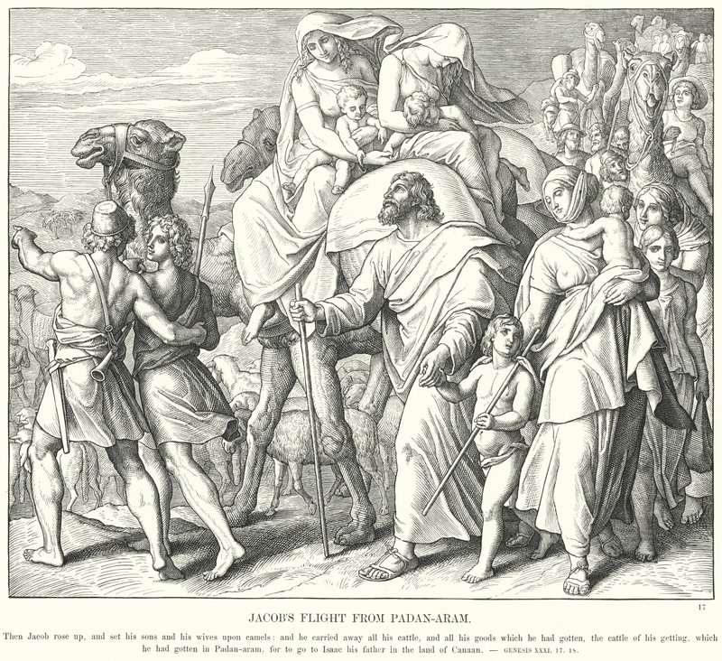 La fuga di Giacobbe da Padan-Aram (incisione) da Julius (after) Schnorr von Carolsfeld