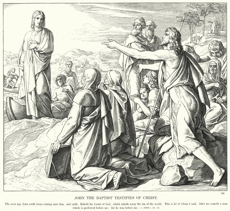 Giovanni Battista testimonia di Cristo (incisione) da Julius (after) Schnorr von Carolsfeld