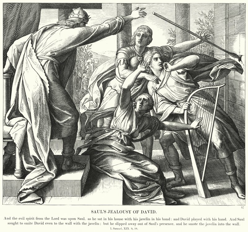 La gelosia di Saul verso Davide (incisione) da Julius (after) Schnorr von Carolsfeld