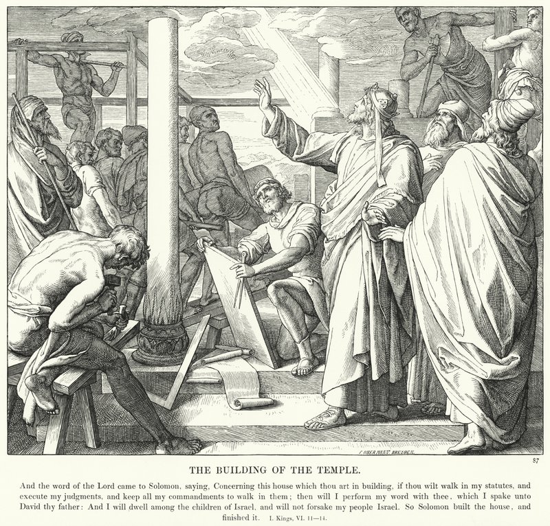 La costruzione del tempio (incisione) da Julius (after) Schnorr von Carolsfeld