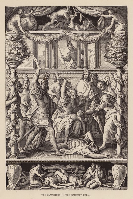 Il massacro nella sala del banchetto (incisione) da Julius (after) Schnorr von Carolsfeld