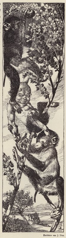 Scimmie che raccolgono frutta su un albero (litografia) da Julius Diez