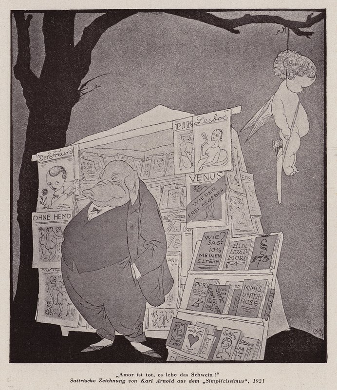 Cupido appeso a un albero sopra un chiosco di pornografia (litografia) da Karl Arnold