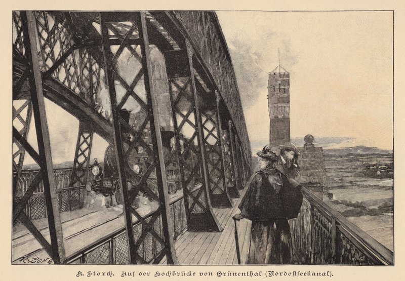Sul ponte alto di Grunental sul canale di Kiel, Germania (incisione) da Karl Storch