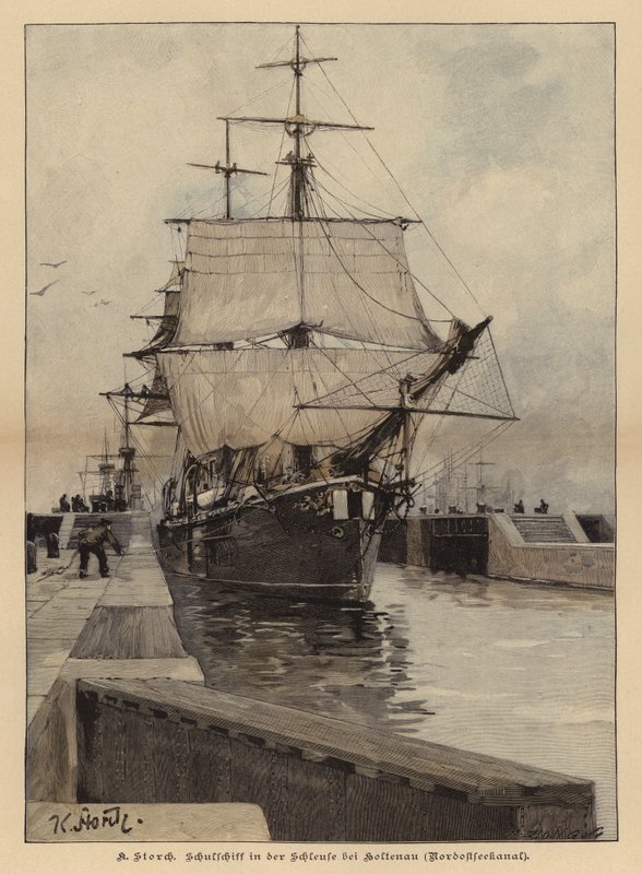 Nave da addestramento nella chiusa di Holtenau sul canale di Kiel, Germania (incisione a colori) da Karl Storch