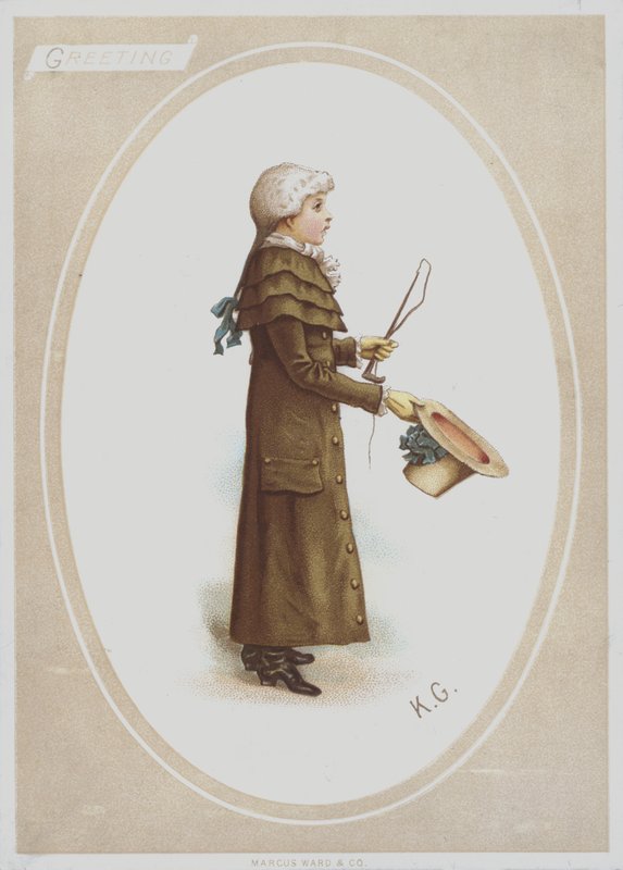 Ragazzo in lungo cappotto marrone, con parrucca, e che tiene cappello e frusta da caccia da Kate (after) Greenaway