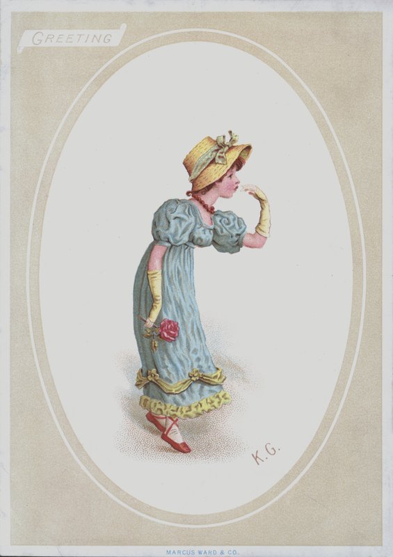 Ragazza in abito blu, con cappello di paglia, che tiene una rosa da Kate (after) Greenaway