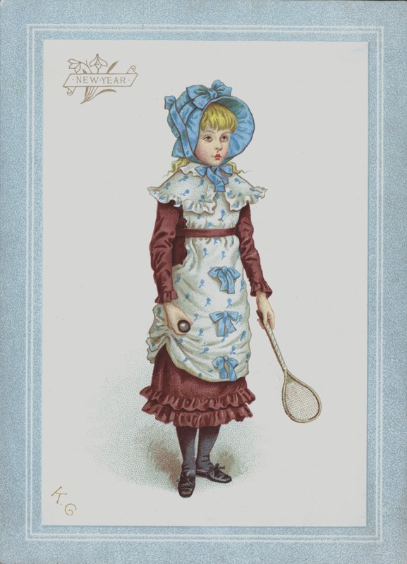 Ragazza in abito e cappellino, che tiene volano e racchetta da Kate (after) Greenaway