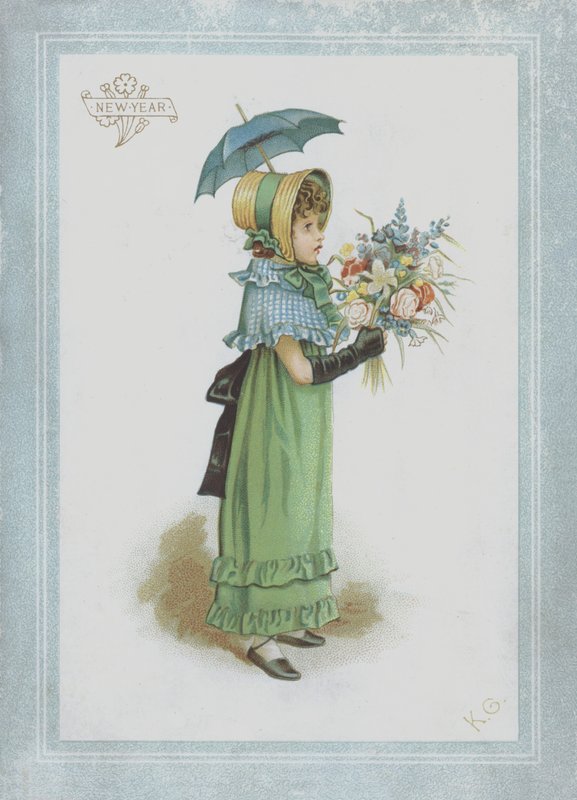 Ragazza in abito verde, con parasole e un mazzo di fiori da Kate Greenaway