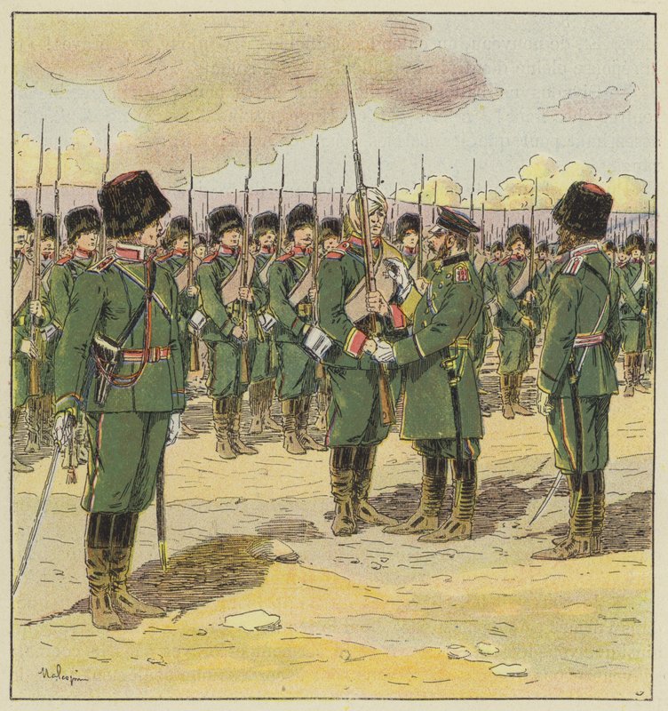 Il generale Kouropatkine passa in rassegna le truppe dopo la battaglia di Kin-Tcheou da L. Malespine