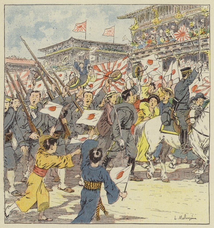 Le truppe acclamate dalla folla alla loro partenza da Tokyo da L. Malespine
