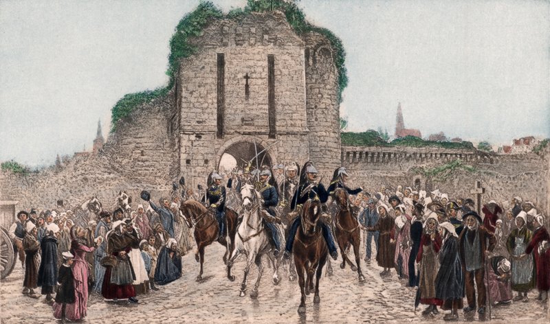 Cavalleria che lascia una città bretone da Lady  Butler