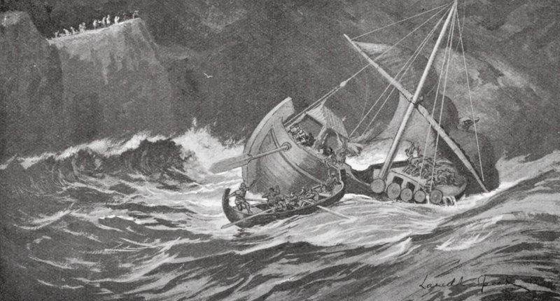 La nave di legname fu colta da una tempesta e i monaci andarono in suo soccorso con piccole barche da Lancelot Speed