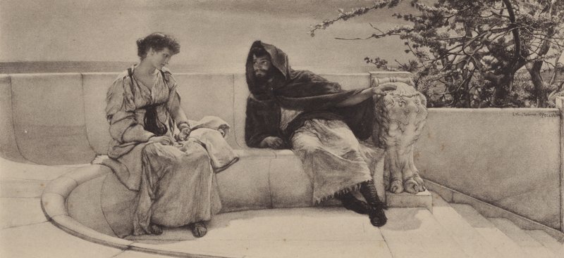 La vecchia storia (fotoincisione) da Lawrence (after) Alma Tadema