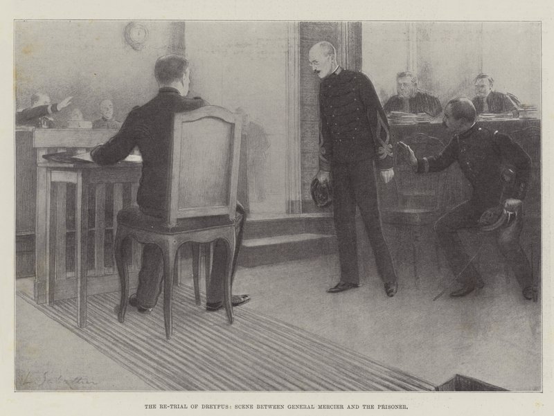 Il nuovo processo di Dreyfus, scena tra il generale Mercier e il prigioniero da Louis Remy Sabattier