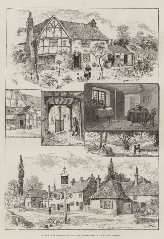 Schizzi a Chalfont St Giles, Buckinghamshire, con il cottage di Milton da Louis Wain
