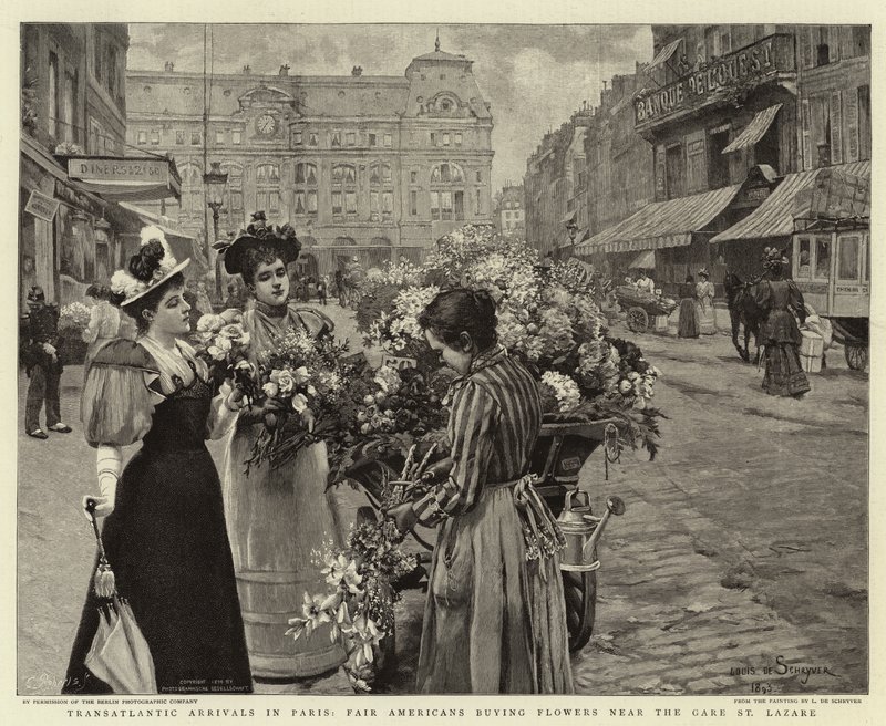 Arrivi transatlantici a Parigi, americani eleganti che comprano fiori vicino alla Gare St Lazare da Louis de Schryver