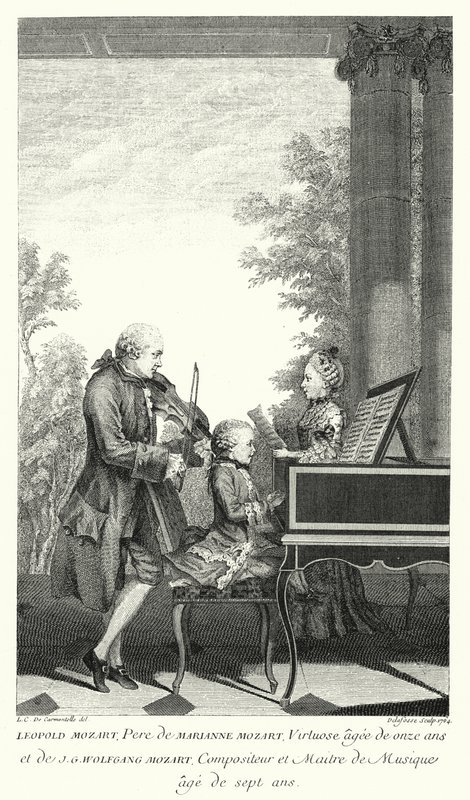 Leopold Mozart che suona musica con sua figlia Marianne e suo figlio Wolfgang (incisione) da Louis Carrogis (after) Carmontelle
