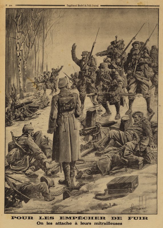 Soldati francesi che catturano una posizione tedesca presidiata da soldati nemici legati alle loro mitragliatrici dai loro ufficiali per impedirne la ritirata, Prima Guerra Mondiale da Louis Charles (after) Bombled