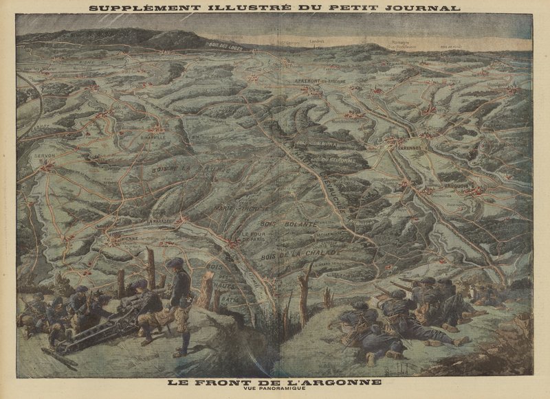 Vista panoramica del settore della Foresta delle Argonne del Fronte Occidentale, Prima Guerra Mondiale da Louis Charles (after) Bombled
