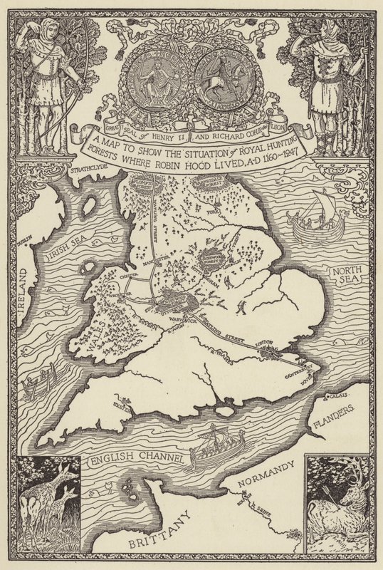 Una mappa per mostrare la posizione delle Foreste di Caccia Reali dove viveva Robin Hood, AD 1160-1247 da Louis John Rhead