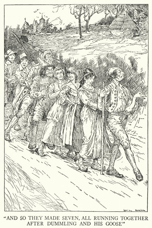 "E così fecero sette, tutti correndo insieme dietro Dummling e la sua oca" da Louis John Rhead