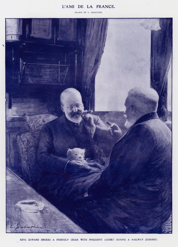 Re Edoardo VII in viaggio in treno con il presidente Emile Loubet di Francia (litografia) da Louis Remy Sabattier