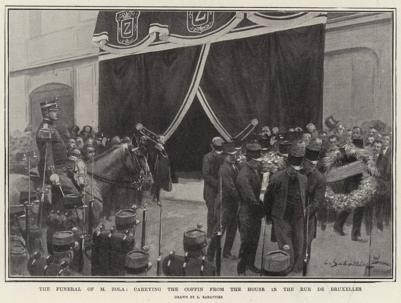 Il funerale di M Zola, trasporto della bara dalla casa in Rue de Bruxelles da Louis Remy Sabattier